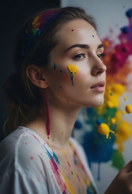 photograph close up portrait of Female painter with colorful splashes, artistic, vibrant cinematic 4k epic detailed photograph shot on olympus detailed bokeh cinematic studio bright moody