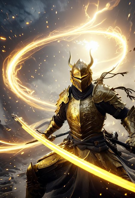 1man, armored samurai in golden samurai armor, wearing samurai helmet and armor,  golden fire, wielding dual swords:1.2, brave perspective, reflection, glowing golden fire, golden lightning shatter, , Curved Sword Slashglowing sword, motion blur, emphasis line, outdoor in the darkness, looking at viewer, katanas