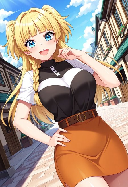 general,highres, ultra-detailed,very aesthetic,best quality ,best hands,best eyes,easynegative,
dynamic anglre, dutch angle, anime cloring,
1girl solo,looking at viewer,outdoors, town,hand on hip,smile, open mouth, 
Monica,blonde_hair, long_hair, blunt bangs, braid, short twintails, blue_eyes, large_breasts,shirt, skirt,