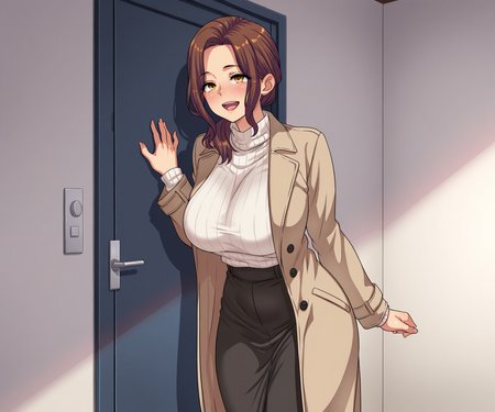 masterpiece, best quality, amazing quality, sfw, 1girl, solo , coat, medium hair, mature female,  smile, open mouth, long coat, cowboy shot,    <lora:Waribashi Kouka style ILL-v2:1> waribashikouka