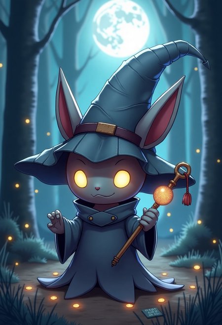 A small ghostly creature resembling Mimikyu, with its ragged cloth redesigned to look like a handmade, slightly off-kilter version of Dark Magician Girl’s outfit. Her fake hat is oversized and floppy, made of patched-together fabric. Big glowing eyes peek out from the shadows beneath the costume. She holds a crooked, glittery wand shaped like a lollipop staff, and sparkles of dark energy swirl around her. She stands shyly in a moonlit forest, surrounded by floating spell cards and glowing runes. Cute-meets-creepy anime art style, magical atmosphere, soft shadows, detailed, HD fantasy illustration.