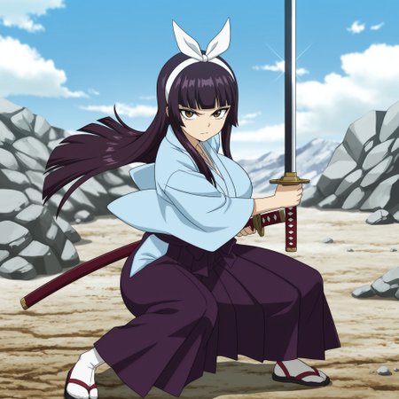 masterpiece, best quality, amazing quality, masterpiece, best quality, amazing quality, masterpiece, best quality, amazing quality, masterpiece, best quality, amazing quality, very aesthetic, high resolution, ultra-detailed, Kagura,dark Brown purple hair Bangs, Hime_cut, long hair,hair_band, bow, blunt_bangs, sidelocks,Brown eyes, black eyeliner, (huge_breasts:1.2, curvy_hips), shinny body, shinny skin, anime screencap, anime coloring,weapon, sword,1girl, solo, japanese_clothes, fighting_stance, katana, sandals, skirt, outdoors, holding, sheath, looking_at_viewer, holding_weapon, day, sash, holding_sword, kimono, sky, serious, rock, white_hairband, hakama, cloud, hakama_skirt, full_body,bow, japanese_clothes,detached_sleeves, japanese_clothes, kimono,  blue_kimono, sash,, <lora:9bef0722-1293-4f4d-836c-a5c5bc6236b1:0.7>