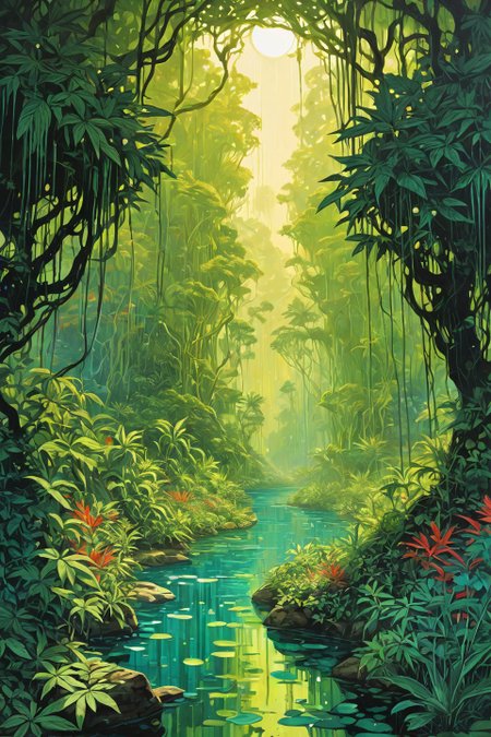Landscape,Landscape creator,portal \(object\)to other world,  A jungle with translucent leaves casting prismatic shadows vines that sing when touched,  a sun pulsing like a holographic heart, Hedges of marijuana plants generating localized time dilation, bi-monthly algae blooms painting seas neon, rains that colorize monochrome landscapes, Art painting by Shepard Fairey and Kim Jung Gi , ,,
<lora:extremely_detailed:0.7> extremely detailed ,
<lora:add-detail-xl:0.7>,
 <lora:softdigital2x2:0.15>,
 <lora:EpicF4nta5yXL:0.3>,, Magic realism painting art style, surreal compositions, vibrant colors, blurs the line between reality and fantasy