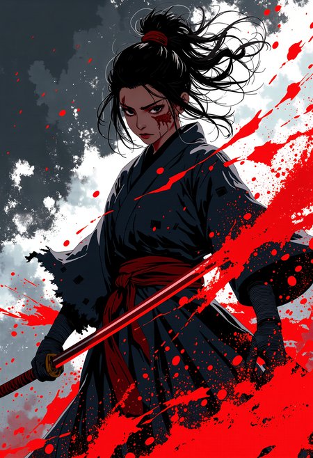 anime style, mythp0rt,LowKeyLights_v2, In the pitch-black night, a beautiful female samurai flies through the air, her movement sharp and graceful as she swings her katana downward with fierce precision. Her stunning face, smeared with streaks of blood, remains focused and cold, embodying both beauty and ruthlessness. The force of her swing sends gusts of wind swirling around her, lifting clouds of white and red sand that swirl chaotically in the air, creating an intense and dramatic backdrop. The night is filled with tension as the stark contrast of the pale sand and the blood-red grains encircling her frame heightens the sense of violence and grace intertwined in this powerful moment of action <lora:FluxMythP0rtr4itStyle:0.5>  <lora:Halftone_Flux:0.3> <lora:MJanime_Flux_LoRa_v3_Final:1>