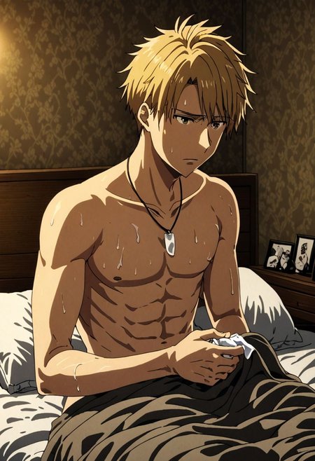high resolution, solo, best quality, 1Boy, Yamato Ishida, Blond Hair, Necklace, bedroom, dimly lit, pillow, blanket, necklace, upper body quarter, sexual stimulation, tissue, sex toys, climax, masturbation, shirtless, sixpack, horny, OverallDetail
