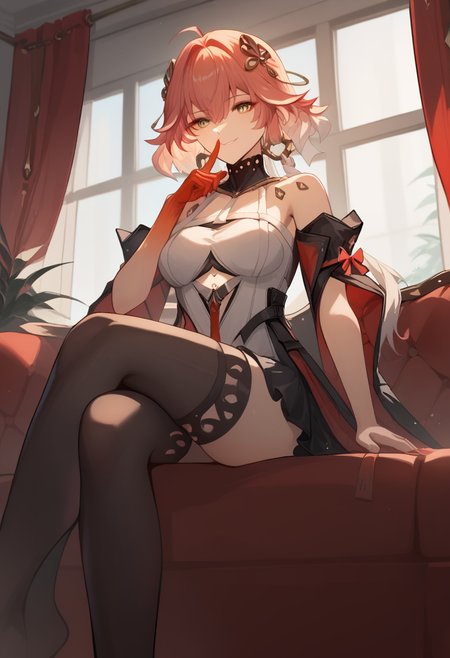 score_9,score_8_up,score_7_up,score_9,score_8_up,score_7_up,<lora:changli_(wuthering_waves)_pony:1>,couch, smile, red_gloves, crossed_legs, medium_breasts, index_finger_raised, indoors, window, dress, black_skirt, solo, 1girl, black_thighhighs, bare_shoulders, feet_out_of_frame, finger_to_mouth, sitting, artist_name, looking_at_viewer