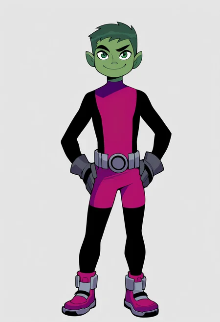 masterpiece, best quality, very aesthetic, absurdres,
1boy, beastboy, green hair, short hair, green eyes, green skin, 
bodysuit, gloves, belt, shoes,
full body, hands on hips, standing,
smile, solo, looking at viewer, simple background, white background,    <lora:BeastBoyTTNoobXL_byKonan:1>