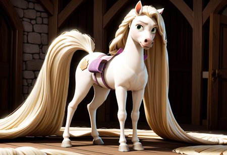 Score_9,  score_8_up,  score_7_up,  original style, 3d disney anime, Maximus the white horse, solo, (A full body image of a horse with an endlessly long white Rapunzel-Style mane), (absurdly long white Rapunzel-Style mane:1.4), (meters of hair without end:1.2)
