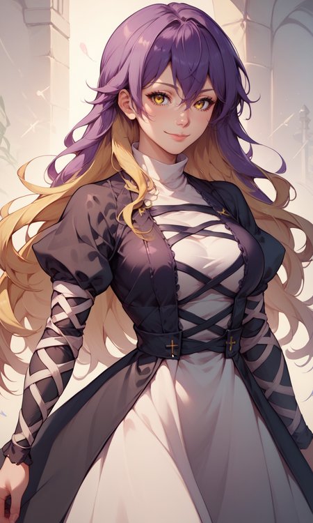 score_9, score_8_up, score_8, score_9, 1 girl,  source_anime, hijiri byakuren, <lora:byakuren_hijiri_pony-10:0.8>, purple hair, blonde hair, two-tone hair, black dress, white dress, layered dress, cross-laced clothes, long hair, yellow eyes,  <lora:mfcgXL:0.8>, smile