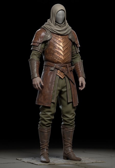 Bandit dressed in a medieval fantasy  Adventurer Set 
 wearing distinctive layered armor. The character has a sturdy leather breastplate decorated with an eye-catching chevron pattern in copper or bronze tones. Their outfit consists of olive green padded clothing underneath, with short pants and wrapped arm guards. A light head wrapping and simple circlet protect their head, while practical leather boots complete the outfit. The armor design suggests a blend of protection and mobility, suited for traversing rough terrain. The color palette harmonizes earthy tones - browns, greens, and copper. The overall style appears influenced by fantasy RPG character design, with a practical adventurer's aesthetic that balances form and function.
 Their face is obscured by shadows.
Standing on a flat gray ground  and black background, the camera angle is high rotated at a 45 degree angle
Set against a solid dark black color background to emphasize its unnatural form that emphasizes its silhouette. The medium is not a traditional painting or illustrative medium like watercolor or ink but rather a digital 3D rendering.
MikeFranchinastyle, bbstyle,, horror theme,, ZBClay model of a gray sculpture, zbrush, d4arks0uls, overcast lighting, jedioutfit