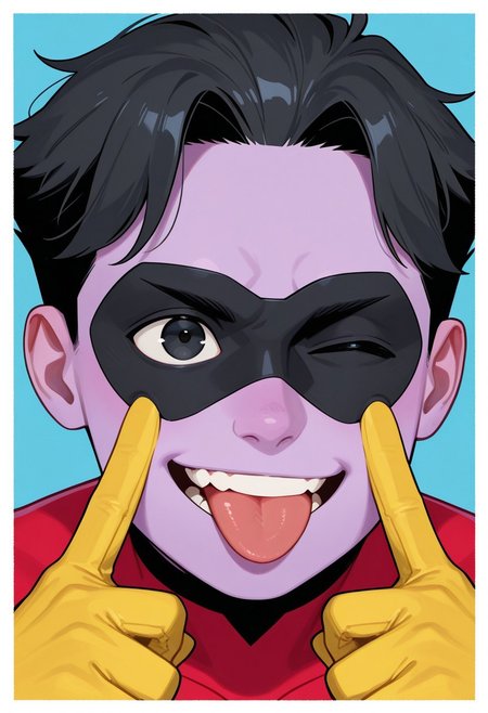 1boy, male focus, cute boy, rOliver_Grayson, Purple Skin, Colored Skin, Black Hair, Black Eyes, Domino Mask, Superhero Costume, Yellow Gloves, tongue out, (akanbe:2), smile, eyelid pull, left eye closed, simple background, graphic border, cinematic, intricately detailed illustration, depth of field, masterpiece, best quality, amazing quality, very aesthetic, absurdres, newest, very awa, shadow,