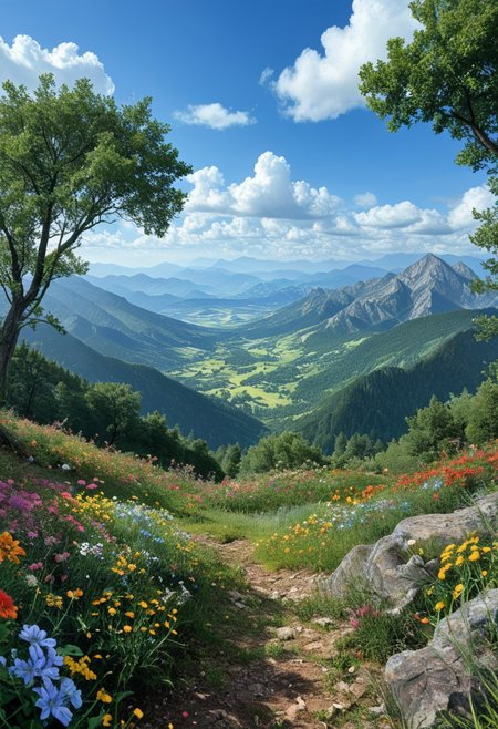 a vibrant colorful photo of a beautiful landscape in the mountains 
 outdoors, Tree, Flower, Location , Scenery , Cloud