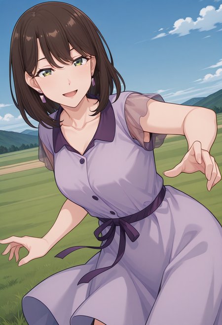 tantei1_yukiko, green eyes, brown hair, medium hair, mature female, earrings, collarbone, purple dress, see-through sleeves, short sleeves, <lora:tantei1_yukiko_illustrious_ver1:0.8> 
smile, open mouth, cowboy shot,, masterpiece, best quality, sensitive,, 1girl, solo, blue sky, (grasslands:1.2), looking at viewer,, (dynamic pose:1.4),