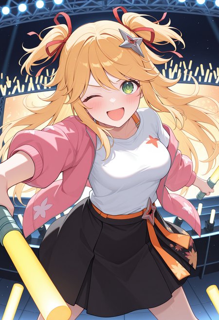 dual wielding, glowstick, stage, one eye closed, dynamic pose, smile, blush, looking at viewer, v-shaped eyebrows, open mouth, pcrninon, blonde hair, long hair, medium breasts, pninrl, two side up, hair ribbon, red ribbon, shuriken hair ornament, green eyes, pink jacket, open clothes, open jacket, print jacket, shirt over shirt, t-shirt, orange straps, white shirt, black skirt, print skirt, <lora:_ninon_pcr-elesico-ilxlA:1> highres, best quality, masterpiece,
1girl, solo,