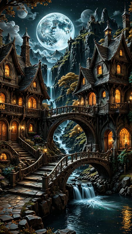 photorealism, intricate details, extremely detailed, masterpiece, masterpiece, Outstanding intricacies, best quality, hires textures, high detail, incredibly detailed, Cinematic Lighting, at night, A hobbits Mansion, River, Bridge, waterfall, Large Marble Moon, intricately detailed, true masterpiece, UHD, vibrant neon, studio quality Overall Detail, Painstaking attention to details, Epic, UHD , <lora:3D_Framed_Wall_Art_-_By_DICE:1>. (3D Framed, Moon), (Use Dream Diffusion Secret Prompt)