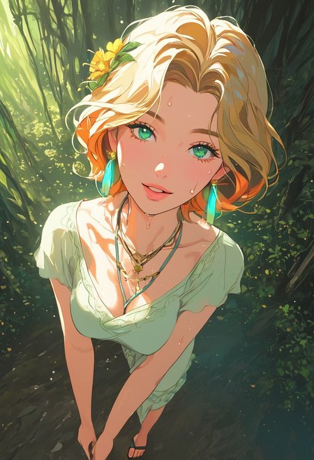 masterpiece,best quality, highly detailed, score_9, score_8_up, score_7_up, score_6_up, source_cartoon,
 BREAK
 1MILF, open eyes, angle, sweat, (motion lines:0.3), (motion blur:0.3),  partial nudity, mature female, housewife
 BREAK
 BREAK
(young woman:1.2), (druid:1.2), illustration, shag   medium blonde hair,  close-up portrait, (standing:0.9), full body, legs, loincloth, (sandals),  Oxford Gray (druid clothes), flower in hair, tassel earrings, celtic necklace, glossy lips, happy (smile:0.6), pretty beautiful, feminine, (nice lovely,adorable cute:0.8), sexy, (in love romantic loving:0.8), fantasy, (beautiful celtic landscape:0.9), (very detailed:1.2), (best quality:1.2), sharp focus, (big rocks:0.9), (moss:0.4), (ripples, reflections:0.8), celtic  castle, (small river small pond:0.5), druid forest, (druid village:1.2), (stunning nature environment:0.8) , (enchanted land:0.5), bright (sunny sky), (sunset:0.3), high contrast, natural light, backlight, shadows, (lens flare:0.4), (vibrant colors, colorful):0.6, clovers, (Hunter Green flowers:0.9), leaves, 
dynamic light, warm_light, vibrant colors warm_colors, soft focus, high contrast, textured surfaces, depth of field, golden hour lighting, dramatic shadows, rich details, nature-inspired color palette, playful composition.
,dynamic angle,dynamic light,background,