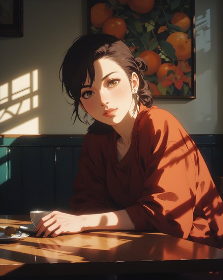 The scene is bathed in a warm, golden light that filters through the blinds, casting sharp, angular shadows across the room. A woman sits at a wooden table, her presence both serene and contemplative. The sunlight illuminates her face from one side, highlighting her features with a soft glow while leaving the other side in gentle shadow, creating an intimate and almost ethereal atmosphere.
She wears a loose-fitting, rust-colored top that drapes elegantly over her shoulders, its rich hue complementing the warmth of the sunlight. Her dark hair is styled in a casual updo, with a few loose strands framing her face, adding to the sense of effortless beauty. Her expression is calm yet thoughtful, as though she is lost in quiet reflection or perhaps waiting for somethingâor someoneâto arrive.
On the table before her rests a small, delicate cup, its form simple and unassuming, suggesting it might contain tea or coffee. Beside it lies a plate, partially visible, hinting at a meal or snack that has been set aside. The table itself is polished wood, its surface smooth and reflective, catching the light and enhancing the overall warmth of the scene.
Behind her, the wall is adorned with a vibrant painting featuring bold oranges and deep greens, its colors reminiscent of autumnal fruits or flowers. The artwork adds a touch of life and vibrancy to the otherwise subdued setting, serving as a backdrop that contrasts beautifully with the muted tones of the room. The contrast between the bright, sunlit foreground and the darker, more shadowed background creates a sense of depth and focus, drawing the viewerâs attention directly to the woman.
The room itself is simple, with minimal distractionsâjust enough to suggest comfort and familiarity. The lighting, coming from the window behind her, casts long, dramatic lines across the space, emphasizing the textures of the furniture and the softness of her clothing. These shadows dance subtly on her skin and the table, adding movement to an otherwise still moment.
Her posture is relaxed but alert, her hand resting lightly on the table as if she is ready to reach for something or simply savor the quiet solitude of the moment. There is a sense of anticipation in her gaze, as though she is waiting for something significant to happen, yet there is also a profound peace in her demeanor, as if she finds contentment in the present.
This image captures a fleeting instant of quiet introspection, where time seems to slow down, allowing the viewer to linger in the warmth of the sunlight and the quiet beauty of the moment. It is a scene that speaks to the power of simplicity, the allure of natural light, and the timeless elegance of human presence.
j_art, anime, anime art, <lora:FLUX\jul\J_Anime:0.7>, <lora:FLUX\RealAnime:0.7>
