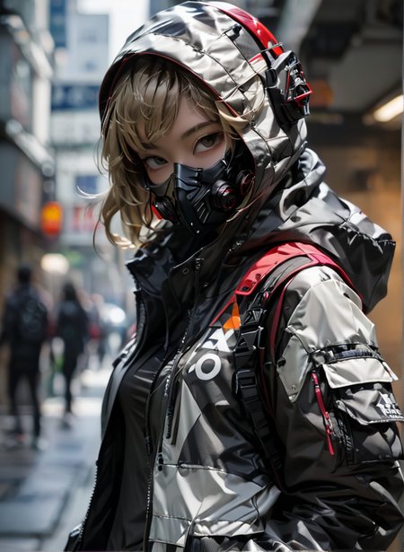 masterpiece,high resolution,shadow detail,natural light,
 <lora:TechWearXL:0.8>,
techwear, 
1girl, solo, blurry background, , mask, looking at viewer, hood, jacket