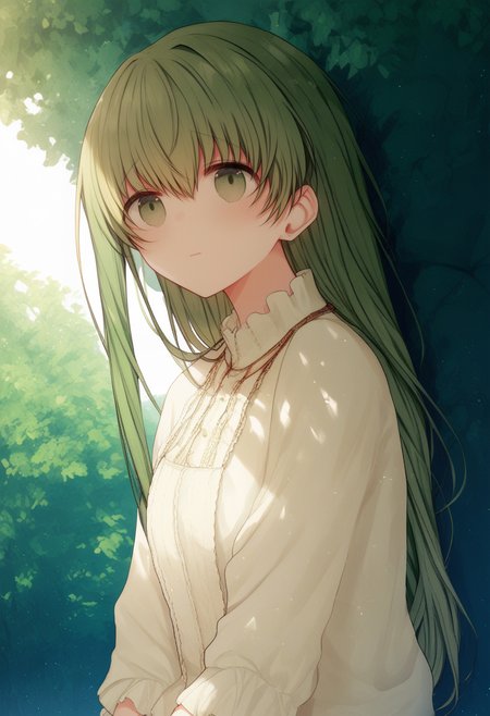 cecilia, score_9, score_8_up, score_7_up, 1girl, solo, light particles, rimlight, shade, green hair, green eyes, outdoors<lora:kazutake hazano xl 034:1>