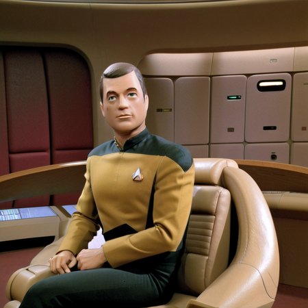 (full body shot), <lora:GI_Joe:1> GI Joe on the bridge, sitting in the captain's chair, The Enterprise, Star Trek TNG, TV still, masterpiece, best quality <lora:StarTrekTNG-v7:1>