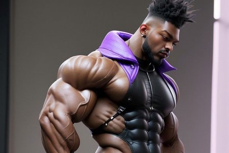 Muscle mainly Gay hare, Purple fure, human dody forward bended long eirs, wearing black leather harnes