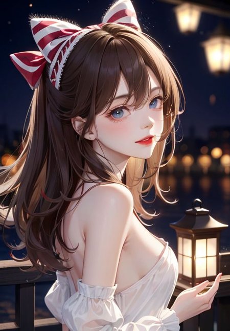 (extremely delicate and beautiful:1.2),1girl,fashi-girl, bangs, blue eyes, blurry, blurry background, bow, brown hair, closed mouth, from side, hair between eyes, hair bow, lantern, light particles, long sleeves, looking at viewer, medium hair, night, red bow, solo, star \(symbol\), upper body,smile,red lips,topless