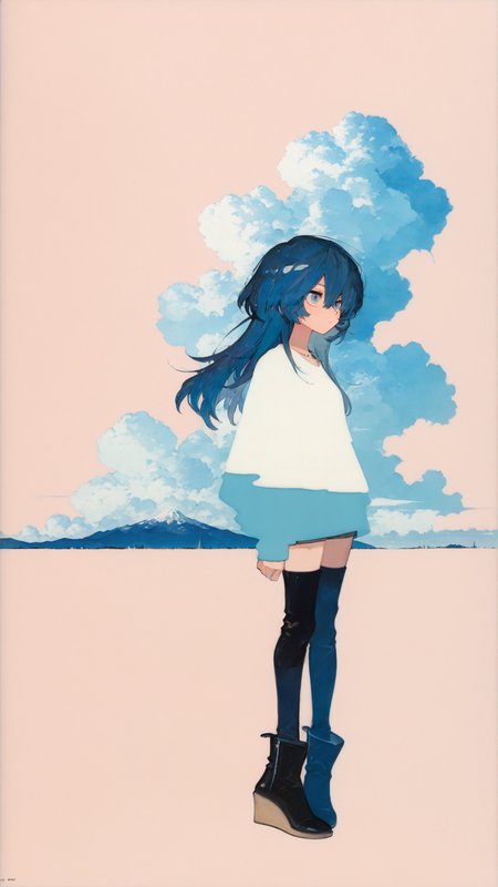 masterpiece, newest,absurdres,incredibly absurdres, best quality, amazing quality, very aesthetic, casual, light pink background,
1girl, thighhighs under boots, wedge heels, blue hair, long hair, cumulonimbus cloud, 
  <lora:ka_marukogedago:0.7> k4_illu, abstract, traditional media, scan, blending,  <lora:KonYa666:1> kony4666