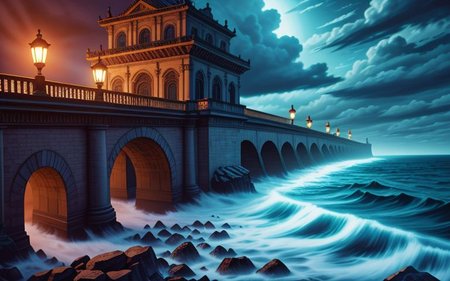 extremely detailed and colorful, incredibly absurdres, dramatic, dynamic shot, (XD-Scene), thematic lighting, 
a massive bridge over the ocean,