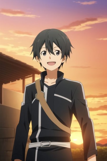high resolution, professional photography, best quality, 1Boy, Kazuto Kirigaya, Black Hair, Black Eyes, potrait, laughing, very happy, half body, village, sunset, looking at viewer,,