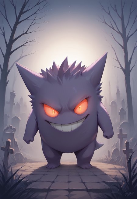 masterpiece, score_9, score_8_up, score_7_up, EasyNegative_v2, dark magic, witchcraft, eerie atmosphere, glowing eyes, graveyard, fog, mist, twisted trees, magical aura, night scene, glowing plants, mysterious, eerie lighting, ancient, powerful presence,
gengar, gengar lurking in the dark,evil smile,vivid colors,
cowboy shot, smile, no humans, pokemon \(creature\),