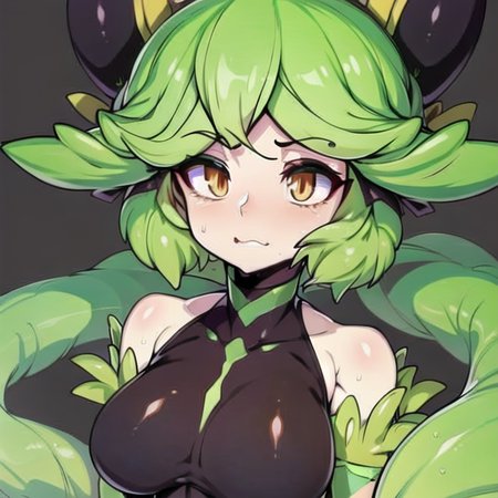 highly detailed, 8k, masterpiece, 1girl, Two-tone plant_hair, dress , disgust, (perfect_face), detailed_background, portrait, ,  <lora:slugboxV1-000005:0.85>
