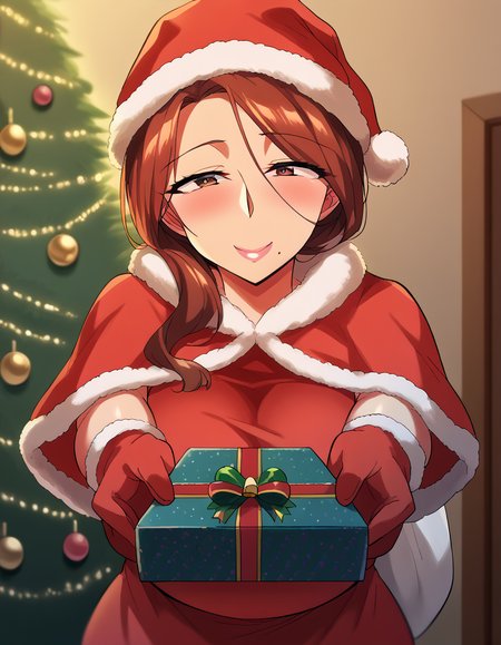 score_9, score_8_up, score_7_up, source_anime, <lora:yumiko-kimura-ova-ponyxl-lora-nochekaiser:1>, yumiko kimura, long hair, brown eyes, mole, huge breasts, mole under mouth, mature female, brown hair,, <lora:santa-costume-ponyxl-lora-nochekaiser:1>, santa costume, santa hat, christmas, sack, merry christmas, gift, fur-trimmed headwear, holding sack, santa dress, fur-trimmed dress, christmas tree, christmas tree, fur trim, red capelet, gift box, red gloves, fur-trimmed capelet, santa gloves, red hat, hat,, smile, blush, looking at viewer, <lora:incoming-gift-ponyxl-lora-nochekaiser:1>, incoming gift, outstretched arms, holding, holding gift, gift, gift box,,
