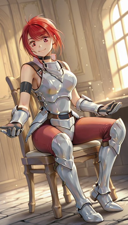 IllusP0s, masterpiece, best quality,(ultra detailed eyes:1.4),((ultra detailed heir:1.4)), ((explicit)), ((dynamic angle)),((dynamic pose))
BREAK
1girl,v3sta_novel,light red eyes
Sleeveless front dress, red pants, belt, choker, armlet, armor, Gauntlets, Steel Demi-Greaves
BREAK
Medieval, fantasy,
In the room, sitting on a chair, raising arms, supporting arms with arms, checking protective gear, smiling,
  <lora:Vesta_-_100percent_-_novel:1>