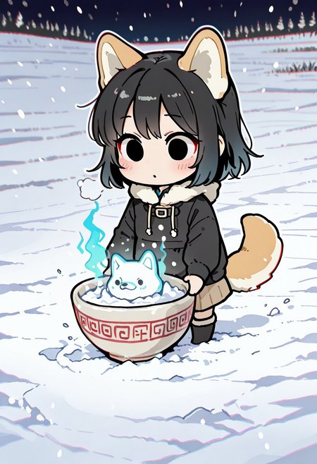masterpiece,best quality,amazing quality,  1 woman 25yo, in a snow field, black hair, shiba ears, shiba tail (flat cute color 0.9), chibi style, near a bowl, quizzical look
white outline glow, chromatic aberration, high res image, high res image