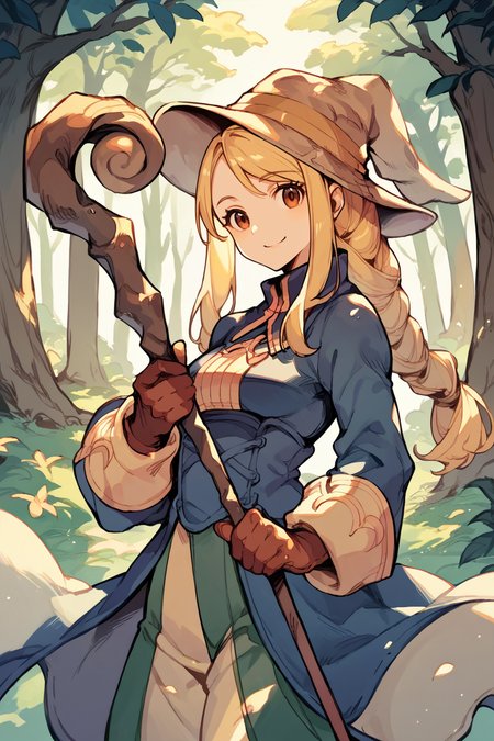score_9, score_8_up, score_7_up, score_6_up, source_anime, 1girl BREAK  <lora:agrias-pdxl-nvwls-v1-000005:1> agrias, blonde hair, brown eyes, braided ponytail  <lora:BlackMageCostumeSDXL-V1:1> bmcostume, forest, smile, hat, looking at viewer, holding staff