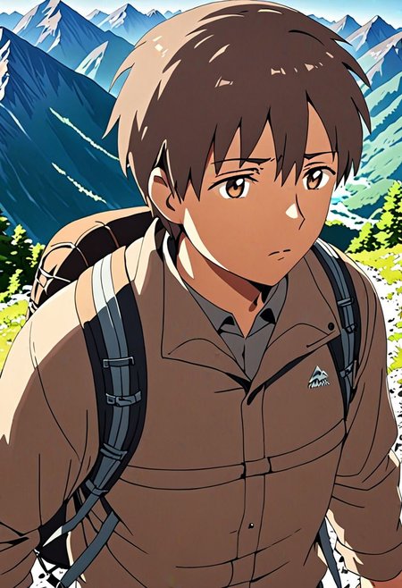 high resolution, solo, best quality, 1Boy, Takaki Toono, Brownish Hair, Brown Eyes, landscape, looking away, high mountain, hiking gear, shallow depth of field, OverallDetail