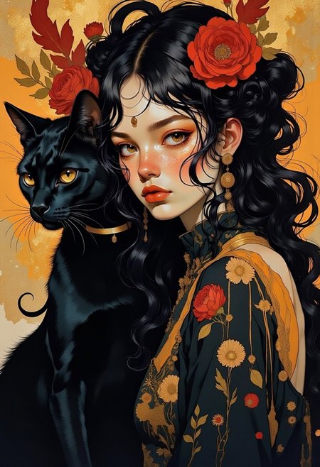 A dark haired woman with a black cat, hints of red and amber, african tribal elements,  ethereal mysterious, masterpiece, intricate details