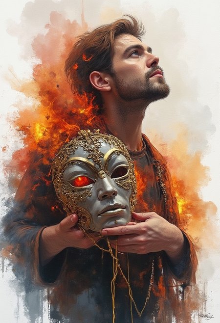Cinematic style, 
A man with a love mask in hos hand, Watercolor, trending on artstation, sharp focus, studio photo, intricate details, highly detailed, by greg rutkowski, Watercolor, trending on artstation, sharp focus, studio photo, intricate details, highly detailed, by greg rutkowski