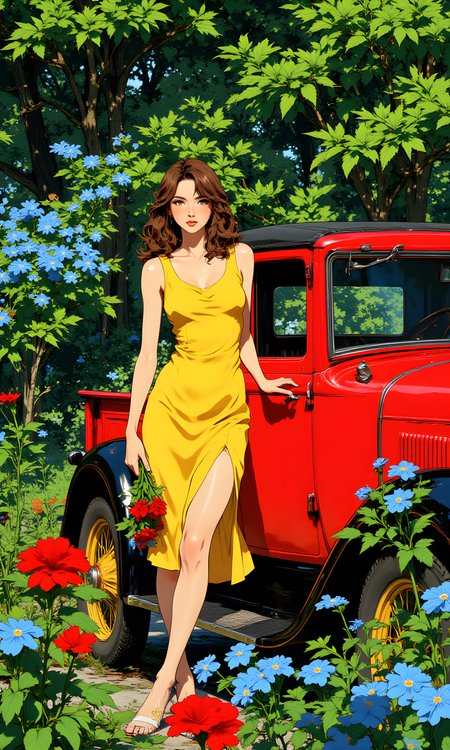 Artistic scene featuring a woman standing next to a vintage red Ford Model A. The woman is dressed in an yellow, sleeveless dress that has a modern vibe, complementing the classic car beside her. Her pose is confident and elegant, with one hand holding a bouquet of red flowers and greenery, adding a touch of nature and color to the composition.
The background is lush and vibrant, filled with various plants and trees. There are blue flowering plants that stand out against the green foliage, creating a visually appealing contrast. The setting appears to be outdoors, possibly in a garden or a park, with natural light illuminating the scene.
The overall mood of the image is one of nostalgia and beauty, combining elements of fashion, nature, and vintage charm. The woman's outfit, the classic car, and the surrounding greenery all contribute to a harmonious and aesthetically pleasing photograph.
j_art, anime, anime art, <lora:FLUX\jul\J_Anime:0.7>, <lora:FLUX\RealAnime:0.7>