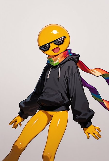 <lora:xmattar-10:1>  xmattar, open mouth, rainbow scarf, , solo, smile, pixel sunglasses, 1boy,black hoodie, yellow skin, circular head,,yellow legs, no pants, dynamic pose,, masterpiece, best quality, amazing quality, very aesthetic, absurdres, newest,