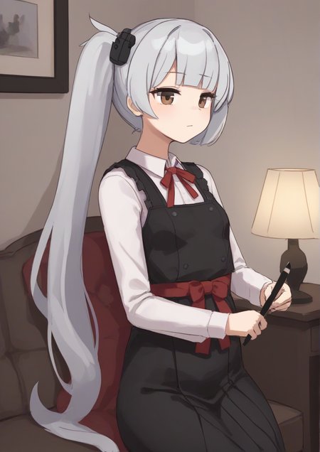 1girl, kasumi (kancolle), kasumi kai ni (kancolle), black dress, brown eyes, closed mouth, collared shirt, dress, grey hair, holding, holding pen, lamp, long hair, long sleeves, neck ribbon, paper, pen, pinafore dress, red ribbon, ribbon, shirt, side ponytail, sitting, sleeveless, sleeveless dress, solo, white shirt,  <lora:GYA_RB:1>