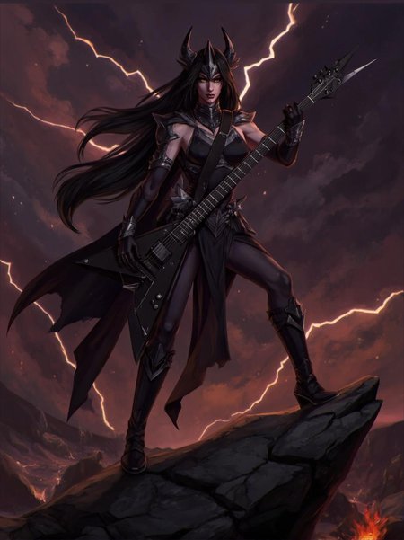 <lora:ck-LttleGhost-000011.safetensors:1> in the style of ck-lttlegh0stA dark, armored female figure stands powerfully on a craggy rock, her fitted attire accentuating her physique. A menacing headdress frames her face, with sharp protrusions adding regal ferocity. She wears long black hair that blends with the darkness and ominous atmosphere, grasping an angular guitar as if a weapon. The background is a stormy sky with lightning strikes, creating a dramatic contrast of dark and fiery colors. The digital artwork masterfully combines fantasy and metal music themes, exuding power and intensity.