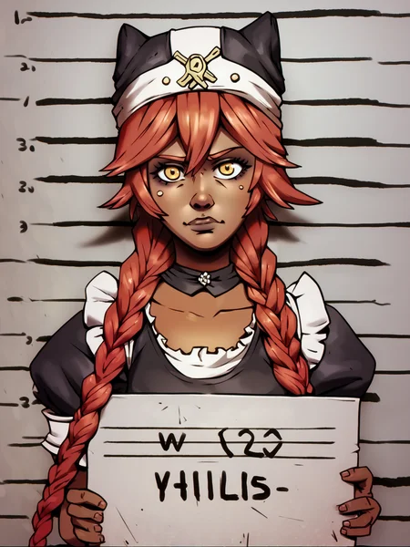 score_9, score_8_up, score_7_up, score_6_up, score_5_up, score_4_up, BREAK, bdlds, source_anime, 1girl,  lupusregina, red hair, long hair, twin braids, yellow eyes, dark skin, choker, dress, hat, maid, mugshot, holding sign, looking at viewer  <lora:LupusReginaXL:0.6> <lora:BorderlandsXL:1>