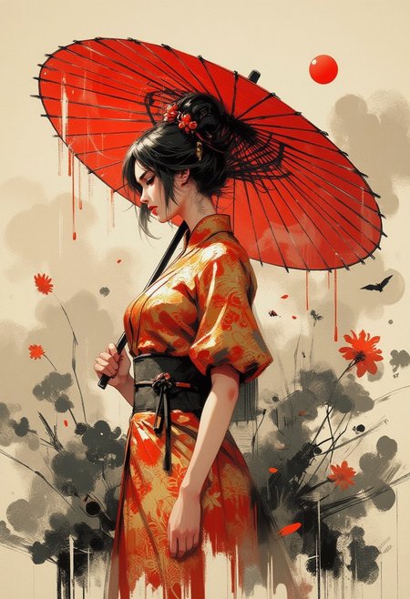 in the style of ck-mgs, nistyle, Special Ink-drawing mode, intricate linework with expressive contrasts, Mh1$AgThS2, Inkplash art on rice paper, sepia, henna , Silhouette Art, magnificent, inksplash image of stunning japanese woman, gold and red cheongsam, red oil and paper parasol, standing in formal Japanese garden, dappled sunlight