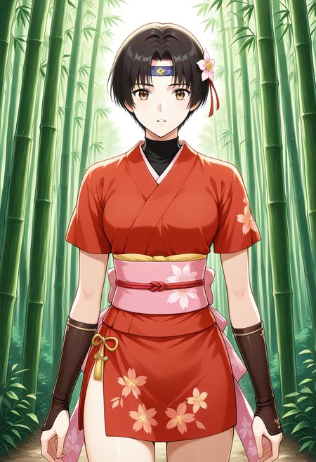 1girl, solo, linroninsoul, black hair, short hair, parted bangs, hair flower, headband, brown eyes, short kimono, short sleeves, floral print, shirt, turtleneck, obi, sash, kote, japanese clothes, outdoors, bamboo forest, standing, cowboy shot, parted lips,