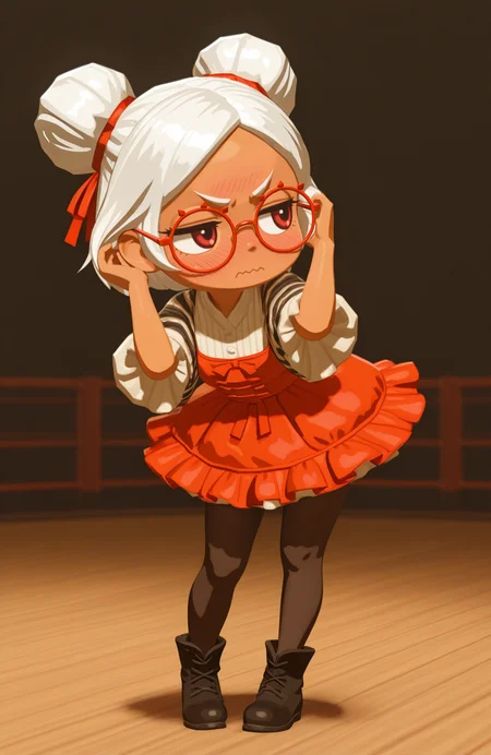 <lora:anatomy_helper:0.8> 1girl, solo, full body, amphitheater, v-shaped eyebrows,  wavy mouth,  nose blush,  averting eyes,, solo, adjusting hair, standing, contrapposto,  hair behind ear, leaning forward, close_up, hand on own hair,, 3d,
<lora:LilPurah-IL:0.8> prhmini, red eyes, red-framed eyewear, red-framed eyewear, dark-skinned female, white hair, double bun, chibi, vintage countryside outfit, ruffled dress, pantyhose, shawl, ankle boots, hair ribbon, extremely detailed, highres, masterpiece, best quality