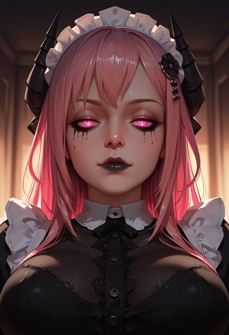 very detailed, flat color, no lineart, Vibrant Contrast, gradient colors, particle effect, (fine fabric emphasis:1.2), (((masterpiece, amazing quality, best quality, ultra-detailed, 8K, illustration, amazing quality, newest, absurdres, realistic))), highres, very aesthetic, absurd res, hi res, very awa, dynamic angle, refined, volumetric lighting, cinematic lighting, blurry background, close up vivid colors, ((source_realistic:1.6)), hyper detailed, (dynamic pose:1.4), depth of field, photorealistic colors,  
1girl, demon horns, horns, solo, long hair, pink hair, pink eyes, hair ornament, large breasts, 
solo, maid, breasts, portrait, straight-on, staring, half-closed eyes, looking at viewer, closed mouth, gloom \(expression\), smoking, depressed theme, dark theme, glowing eyes,  bags under eyes, maid headdress, white headdress, black lips, runny makeup, nose,  stylized