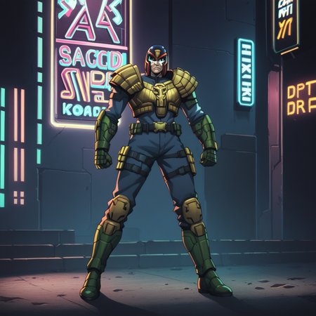 score_9,score_8_up,score_7_up,score_6_up,score_5_up,score_4_up,source_anime BREAK judge dredd,armor,helmet,scowling,black visor,full body shot,<lora:Judge_Dredd_Comic_Style_v2_Pony_SDXL:0.8>,cover art,cyberpunk city,dark city,neon lights,