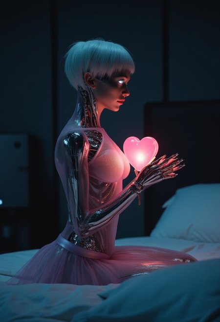 a realistic female (robot with transparent pale pink skin panels and chromed internal endoskeleton), short white hair and (glowing cyber eyes), sad look in her face BREAK
kneeling on a bed looking at an (electronic heart shaped device on her hands) with wires connected to her chest, wearing a (ballerina tutu skirt and bodysuit) BREAK
in a cyberpunk dark bedroom at night BREAK
american shot, photo realistic, 24mm, dolly zoom, dutch angle, cinematic look, lens flare, (dim lights), soft focus, intrincate details, romantic scene