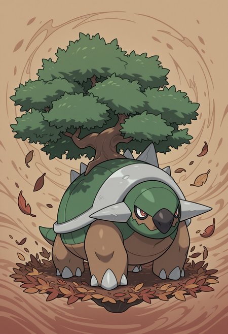 solo, torterra, pokemon \(species\), tree on shell, spikes, feral, red eyes, abstract background, leaf, wind, nature theme,
perfect anatomy, masterpiece, perfect quality, best quality, detailed, newest, very aesthetic 
 <lora:Torterra_Pokemon_V1_ILXL:0.8500000000000002> <lora:analon_IL:0.5000000000000001> <lora:or_22:0.20000000000000004>